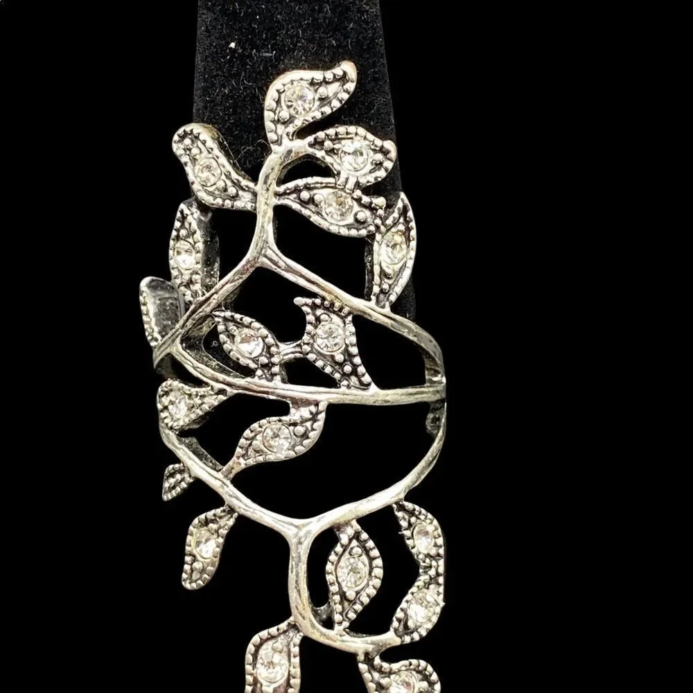 Silver tone vine ring with rhinestones marcasite style knuckle-to-knuckle